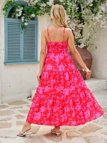 SHEIN Pregnant Women's Summer Beach Vacation Floral Print Tiered Hem Sleeveless Dress - Red - View 2