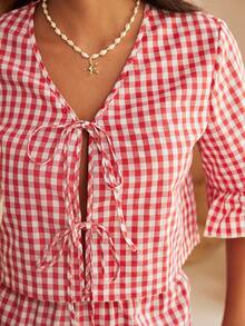 Lullawish 女士波西米亚风休闲舒适格子印花棉混纺系带腰荷叶边下摆睡衣套装 - 彩色 - 查看 3