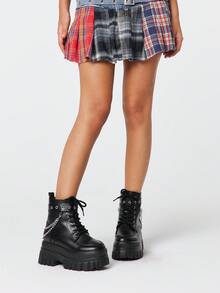 ROMWE 女士高跟凉鞋~内置增高骑马靴 2026春季新款深色PU圆头厚底英伦链条短靴 - 黑色 - 查看 2