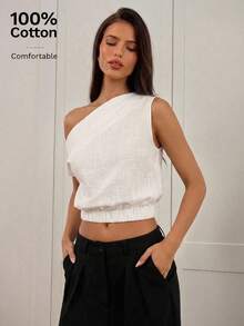 Aloruh 女士纯色简约休闲不对称肩部上衣 夏季 夏季服装 沙滩装 女士沙滩度假装 度假装 女士波西米亚热带度假装 女士教师装 教师装 单肩上衣 白色露脐上衣 棉质上衣 女士夏季服装 女士夏季上衣 - 白色 - 查看 5