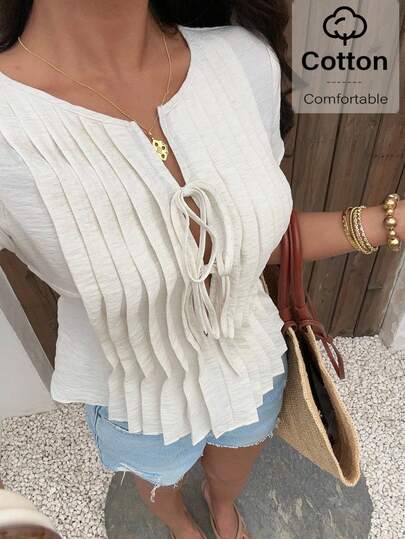 Aloruh Women's Spring/Summer New Apricot Elegant Commuting Outing Party Fashionable Casual Pleated Tie Neck Short Sleeve Blouse