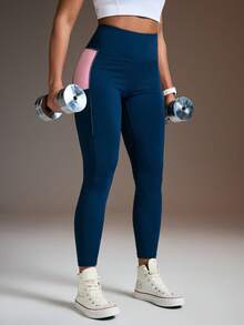 Powerista Contrast Color High Waist Seamless Leggings - Blue - View 1
