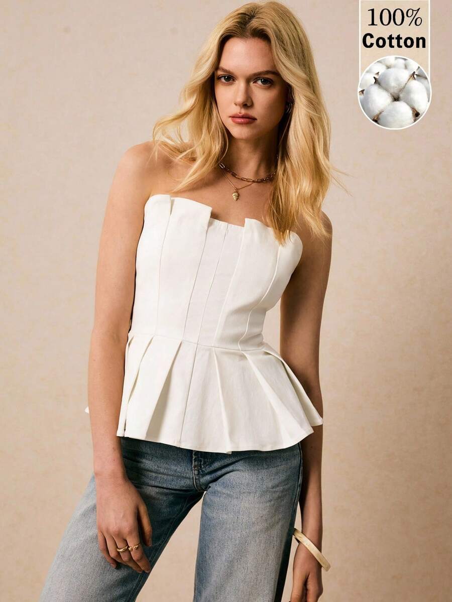 Poéselle 女款優雅白色夏季早午餐抹胸上衣，100%純棉抓皺荷葉邊上衣，時尚純色上班度假約會社交高級感上衣 - 白色 - 查看 1