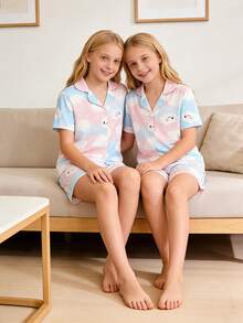 2pcs Girls Cute & Elegant Casual Comfortable Soft Skin-Friendly Blue & Pink Cloud Cartoon Print Cardigan Short Sleeve Top And Shorts Pajama Set, Flame Retardant Homewear - Multicolor - View 6