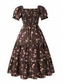 Summer Outfits Teen Girl Puff Sleeve Ditsy Floral Mini Dress, Summer Squishy Dress - Brown - View 3