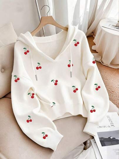 Resyla Sudadera con capucha para mujer, estampado de cerezas, manga larga, para otoño/invierno, vuelta al colegio, día del maestro, fotografía callejera, vacaciones y uso casual, imprescindible, llamativa, blanca, ajuste regular, capucha en rojo y blanco