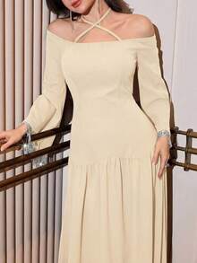 Modelyn 女士蓝色针织长袖露肩流苏腰A字型长连衣裙，优雅春夏之选 - 杏色 - 查看 5