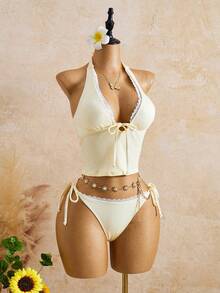 Swim Glamine Women's Lace Trim Halter Tie Tankini Top And Triangle Bottoms Casual Vacation Beach Swimsuit Set - Black - View 4