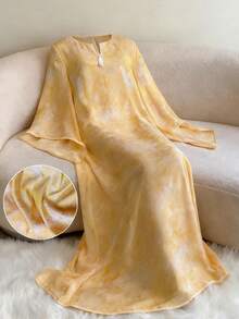SHEIN Najma Đầm dạ hội thanh lịch tay cánh dơi, chất liệu jacquard, dáng rộng, có tua rua, viền xòe, thích hợp cho nữ. - Màu vàng - Xem 6