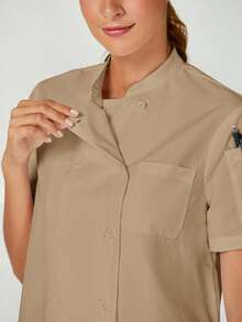 TaskEZ White Short Sleeve Chef Coat Jackets For Women Front Button Short Sleeve Pocket Minimalist - Khaki - View 3