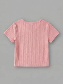 SHEIN Young Girl Plain Round Neck Ribbed Knit Short Sleeve T-Shirt - Pink - View 8