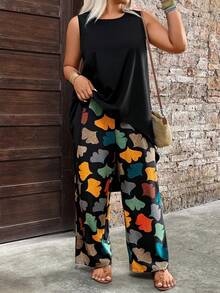 Breezaya Damen Große Größen Set aus asymmetrischem Top und Ginkgo Blatt Muster Hose, modisches minimalistisches lässiges retro elegantes Urlaubsoutfit - Schwarz - Übersicht 3