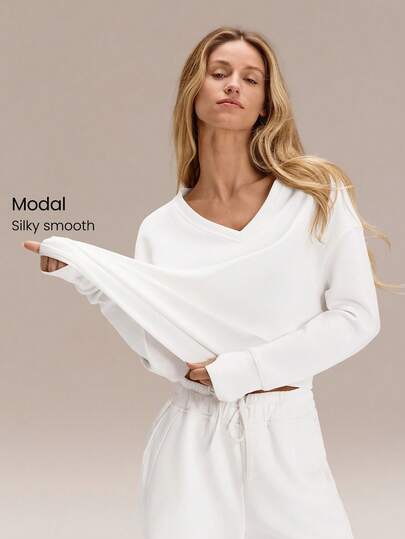 GLOWMODE Modal Silky Smooth Oversized V-Neck Hip Length Long Sleeve Sweatshirt With Thumbholes Daily Casual Fall Fall Winter