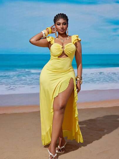 Maweii Plus Size Sexy Beach Vacation Style Strapless Hollow Out Asymmetrical Split Fitted Dress