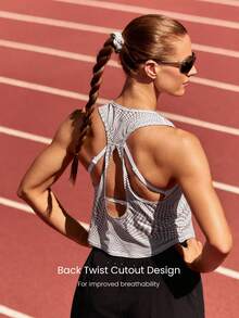 GLOWMODE Quick-Dry Glow Sprint Lightweight Waist Length Back Twist Crewneck Running Tank Jogging Workout Training Fitness Active Wear - Khaki - View 3