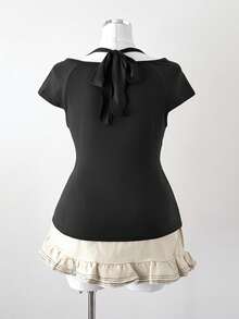 Sunspun 大码女式方领褶皱长袖紧身金属环优雅复古休闲家居棕色T恤 - 黑色 - 查看 2