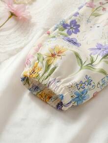 SHEIN Vintaside Kids Bộ 2 món áo thun cổ tròn tay bèo kẻ sọc và quần in hoa cho bé gái, quần áo trẻ em, trang phục trẻ sơ sinh, áo trẻ sơ sinh, thích hợp cho tiệc tùng, kỳ nghỉ, họa tiết thỏ và hoa, phong cách đồng quê, thích hợp cho mùa hè - Màu tím - Xem 8