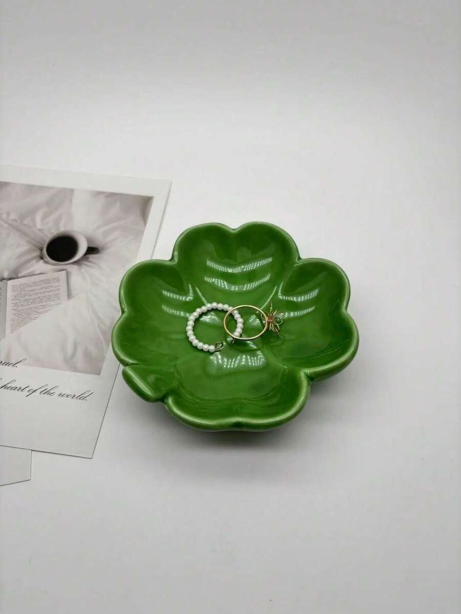 1 pieza Bandeja de joyería de cerámica con diseño floral y de trébol, organizador de estilo nórdico para cosméticos y accesorios - Verde - Ver 1