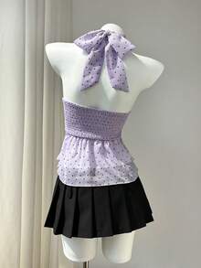 Elamini Women's Polka Dot Pattern Ruffle Neck Blouse - Purple - View 2