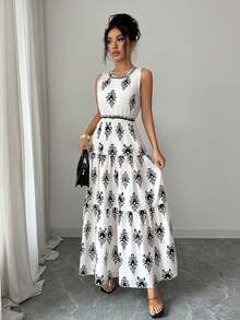 Selianne Damen modisches bedrucktes Kleid mit rundem Ausschnitt, ärmellos, tailliert, romantisch, elegant, Lässig, für Büro, Date, Party, Dinner, Frühling/Sommer - Verschiedenfarbig - Übersicht 7