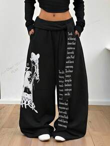 Muchica Letter & Portrait Graphic Casual Wide Leg Pants - Black - View 3
