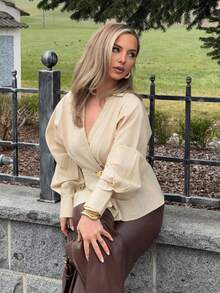 Jeta Ari Áo kiểu nữ thời trang, xếp ly ánh kim, dáng ôm thanh lịch, chất liệu cotton 100%, dáng chữ A, tay dài. Thích hợp cho mùa đông. - Màu be - Xem 4