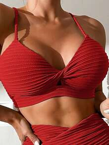 Swim Lushoire Conjunto de bikini de unicolor para vacaciones en la playa - Rojo - Ver 3