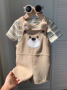 SHEIN 2件套男婴/女婴/男女通用休闲可爱条纹T恤和熊形吊带裤套装，夏季 - 彩色 - 查看 3