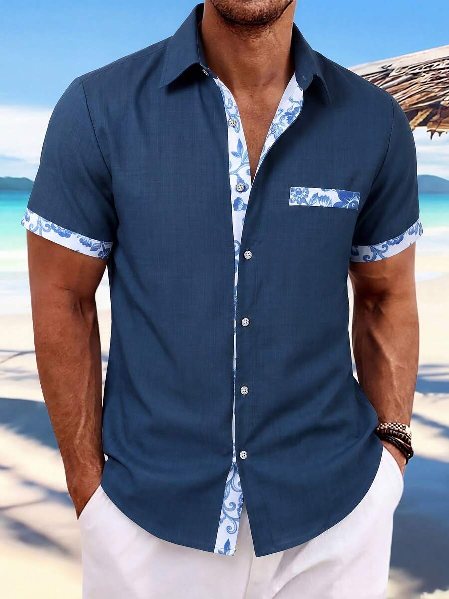 Genlund Men's Minimalist Printed Short Sleeve Shirt - Navy Blue - View 1