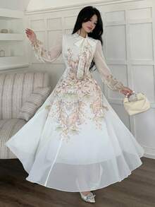 Modelyn Vestido de manga larga con cintura anudada, fruncido y estampado de colocación para mujeres - Verde - Ver 1
