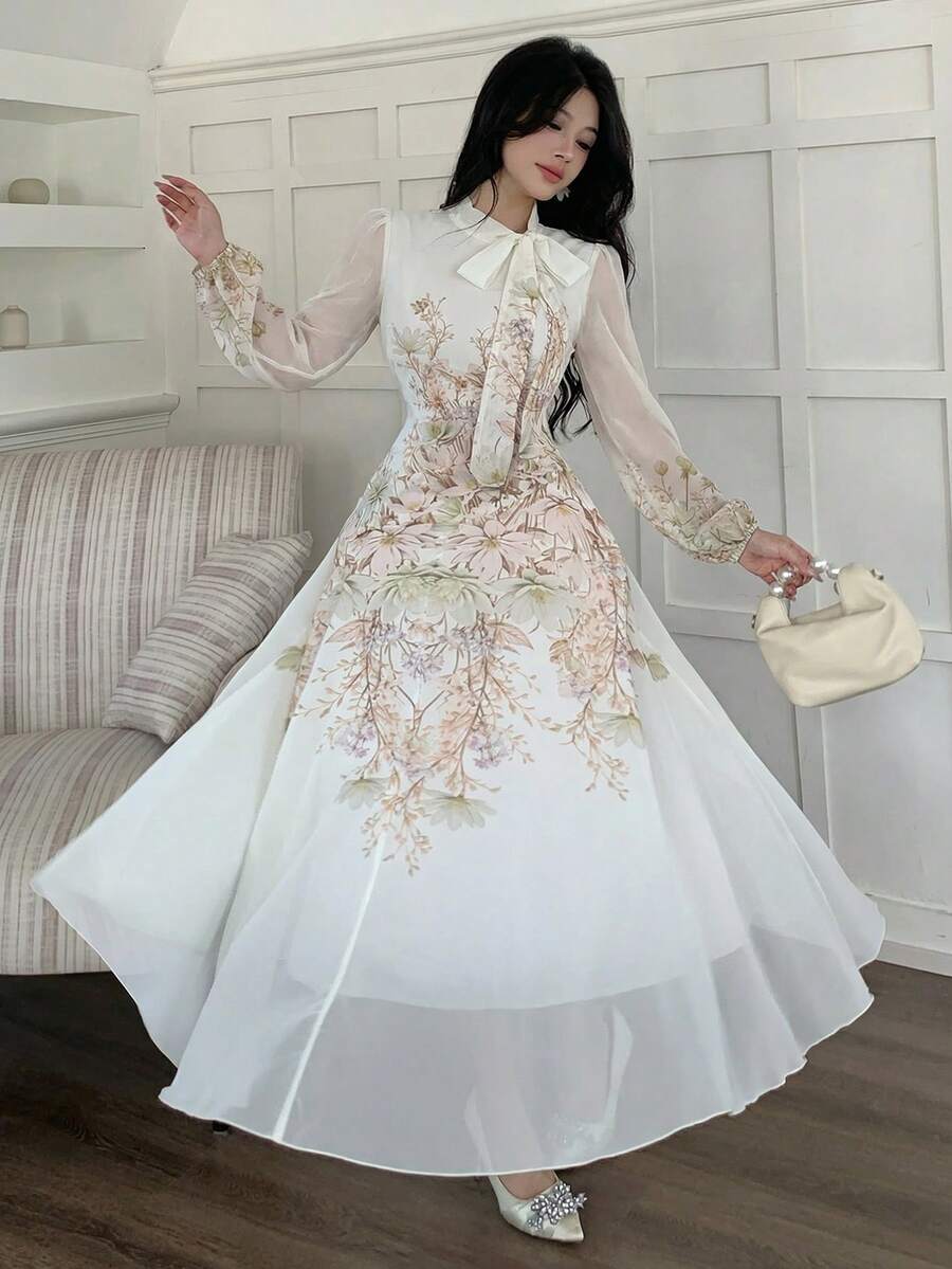 Modelyn Vestido de manga larga con cintura anudada, fruncido y estampado de colocación para mujeres - Verde - Ver 1