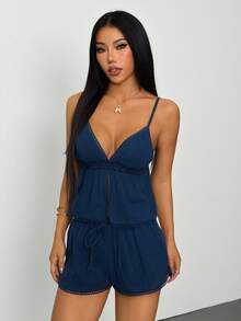 SHEIN PETITE Women's Simple Casual Navy Blue 2 Pieces Set Women's Summer Sets Linen Two Pieces Set - Navy Blue - View 7