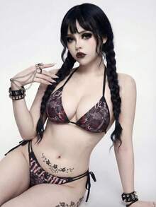ROMWE Goth 女士印花露背系带性感比基尼套装 - 黑色 - 查看 4