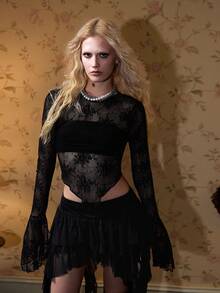 ROMWE Sexy Lace Sheer Hem Backless Flare Sleeve Blouse For Women - Black - View 2