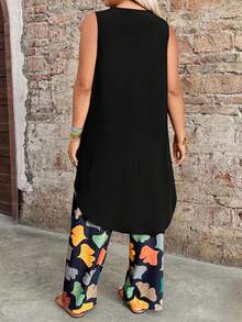 Breezaya Damen Große Größen Set aus asymmetrischem Top und Ginkgo Blatt Muster Hose, modisches minimalistisches lässiges retro elegantes Urlaubsoutfit - Schwarz - Übersicht 2