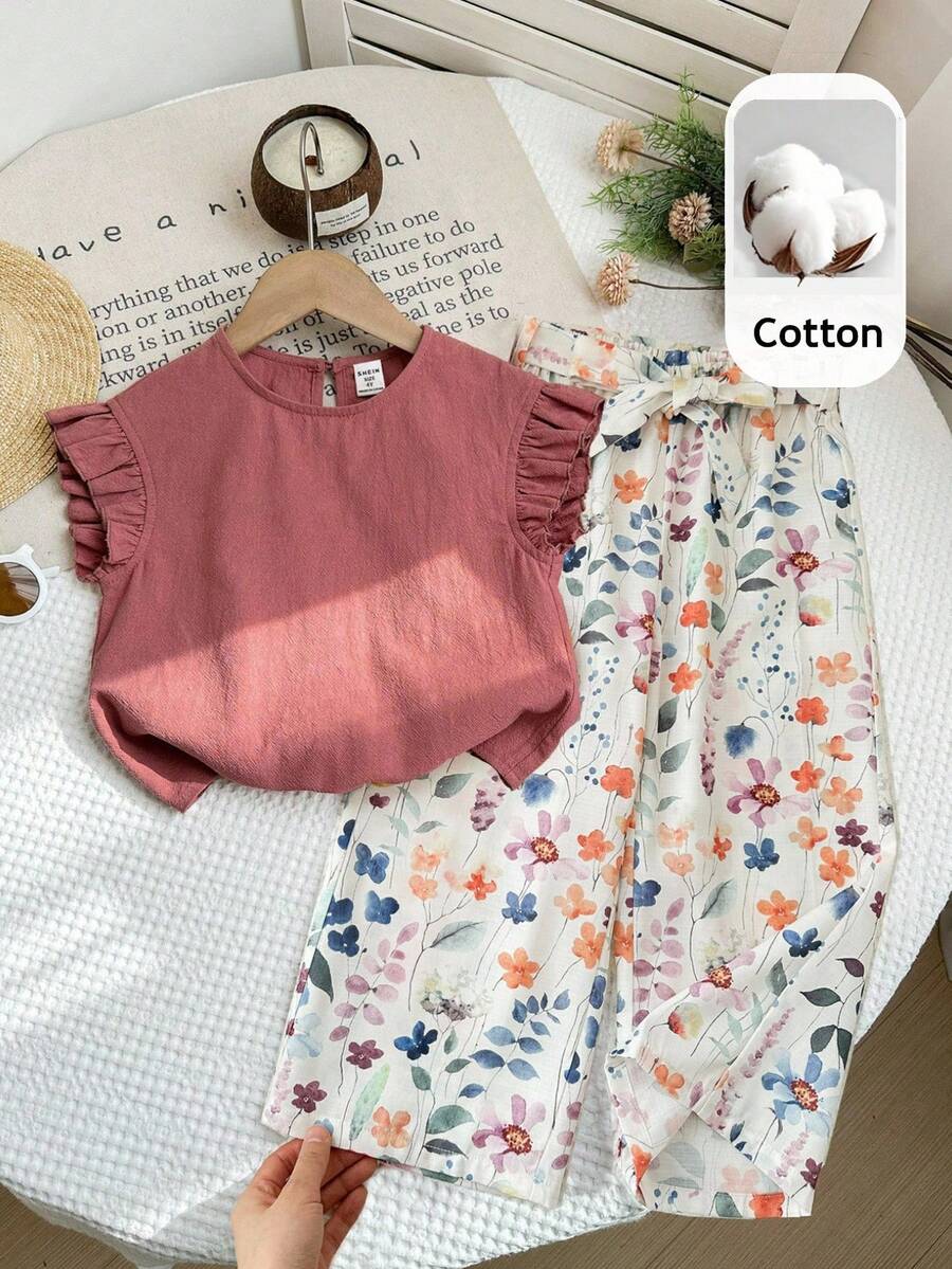 LMoss Kids LMoss Young Girl 2pcs Summer Set, Kemeja Lengan Pendek Leher Bulat Berkerut Polos & Celana Motif Bunga Kecil, Pakaian Serasi untuk Liburan Keluarga, Liburan, Gaya Vintage - MultiWarna - View 1