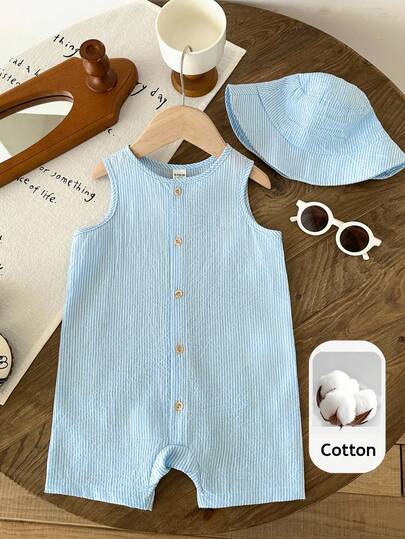 LMoss Kids Set de 2 piezas de pelele sin mangas a rayas azul y colorido con gorro de cubo para bebé niño/niña, conjunto de ropa casual de vacaciones