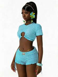 Lyxana Women's Fashion Round Neck Special Fabric Metal Buckle Pleated Cropped Short Sleeve T-Shirt, Suitable For Casual Outings, Music Festivals, Parties - Blue - View 1