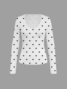 EMERY ROSE Camiseta casual de mujer con cuello en V, mangas raglán y estampado de corazón - Blanco y Negro - Ver 4