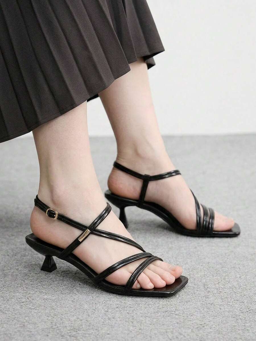 CUCCOO BIZCHIC Giày sandal nữ mùa xuân hè mới màu đen có khóa kim loại, mũi vuông, hở mũi, cao gót, gót mỏng kiểu Pháp, phối cùng váy. - màu đen - Xem 1