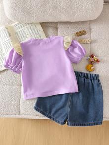 SHEIN Playful Pals 两件套女童夏季休闲可爱圆领短袖套装，包括一件绣花白色T恤和一条绣花短裤，整体可爱百搭，适合户外休闲穿着，舒适透气。 - 紫色 - 查看 2