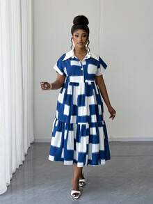 Maweii Plus Size Floral Print Collared Short Sleeve Half-Zip Casual Dress,Elegant Blue And White Summer Tea Party Dress For Women,Parties,Dates,Commuting - Multicolor - View 4