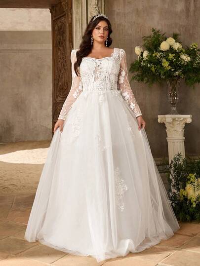 Aureia Plus Size Elegant Romantic White Heart Neck Sheer Sleeve Embroidered Applique Peplum Hem Wedding Dress For Bride