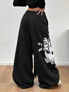 Muchica Letter & Portrait Graphic Casual Wide Leg Pants - Black - View 2