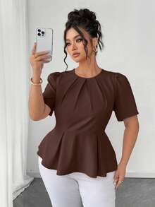 SHEIN Elenzya Áo sơ mi mùa hè thanh lịch dệt kim dành cho nữ cỡ lớn - màu nâu - Xem 5