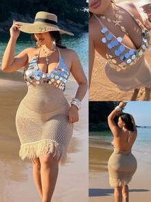 NU&NOW 女士性感优雅浪漫设计感高端舞厅年轻时尚海滩度假V领露背亮片流苏下摆修身镂空加大码毛衣连衣裙 - 卡其色 - 查看 4