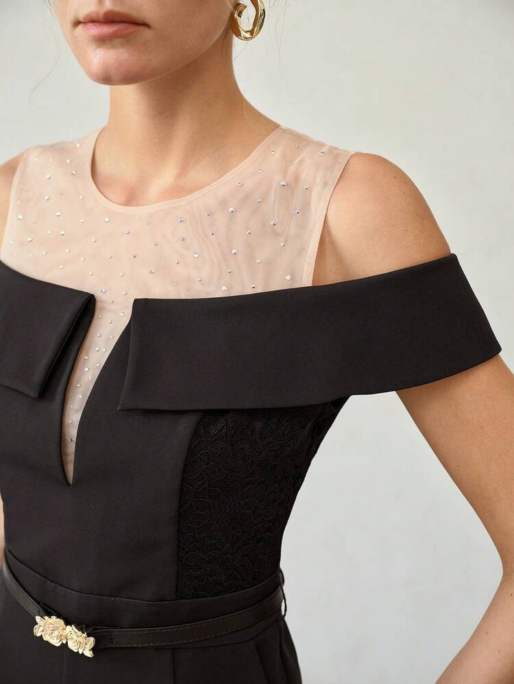 FASHIONABLE & ELEGANT SHEER RHINESTONE COLD SHOULDER JUMPSUIT FOR WOMEN