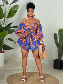 Maweii Plus Size Digital Print Elegant Off-Shoulder Backless Jumpsuit - Blue - View 4