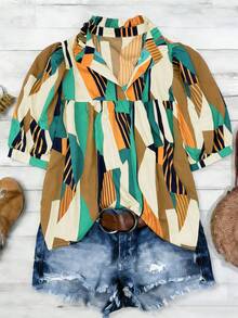 Voyazaga Women's Plus Size Shirt Brown,Autumn,Boho,Vacation,Holiday Retro Random Print Puff Sleeves Stand-Up Collar Front Pleats Ruffled Hem Casual Top Gym - Multicolor - View 3