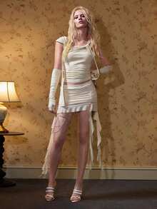 ROMWE Sweet & Cool Ruched Asymmetric Shoulder Tight Camisole With Sleeve Cuffs - Beige - View 3